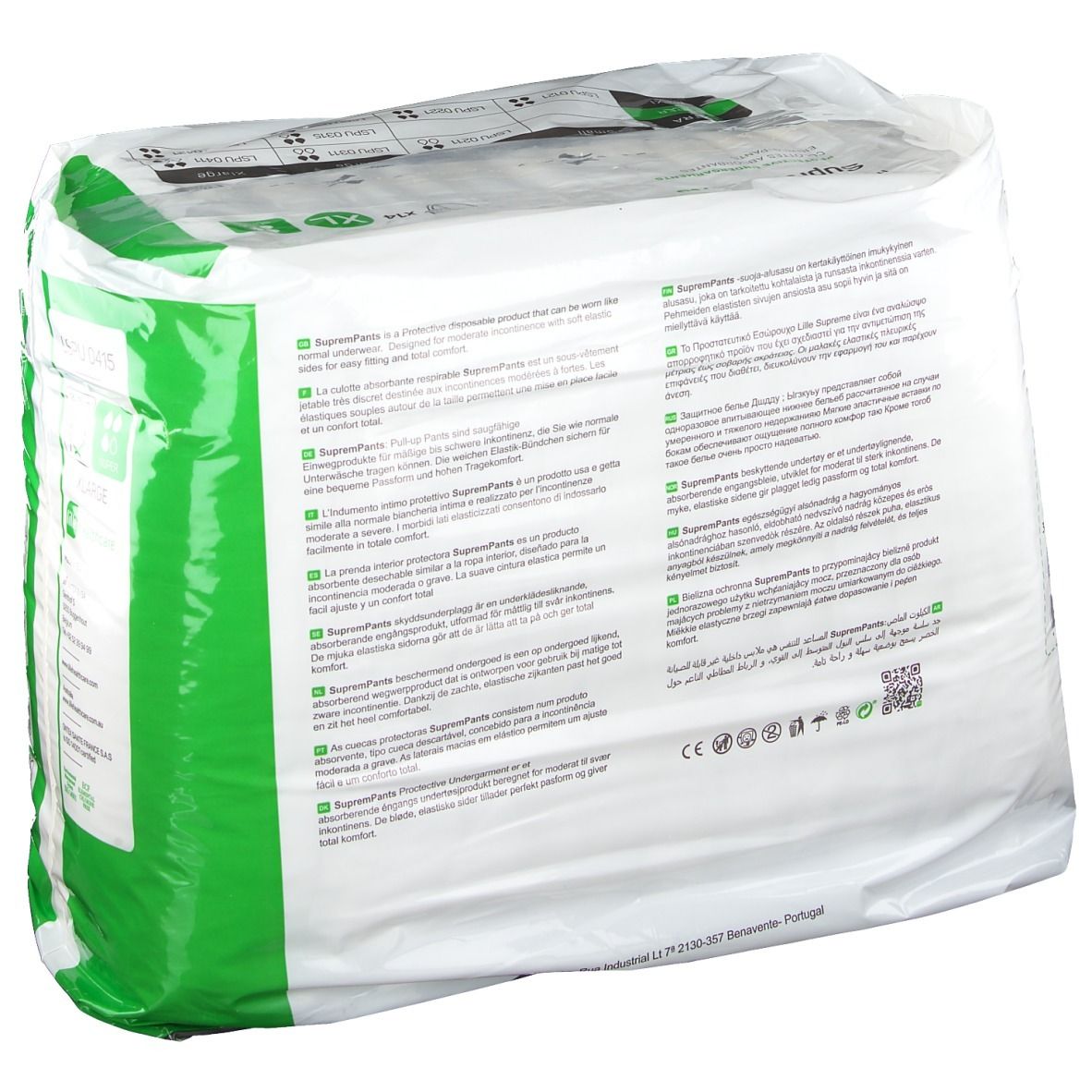 Dos du paquet de SupremPants Super XL. Marque Lille Healthcare. Texte multilingue. Informations sur le produit.