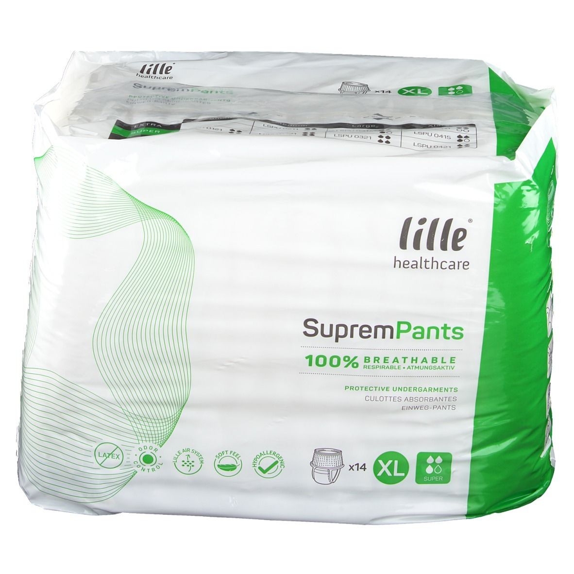 Paquet de SupremPants Super XL. Marque Lille Healthcare. 14 unités. Taille XL. 100% respirant. Sous-vêtements de protection.