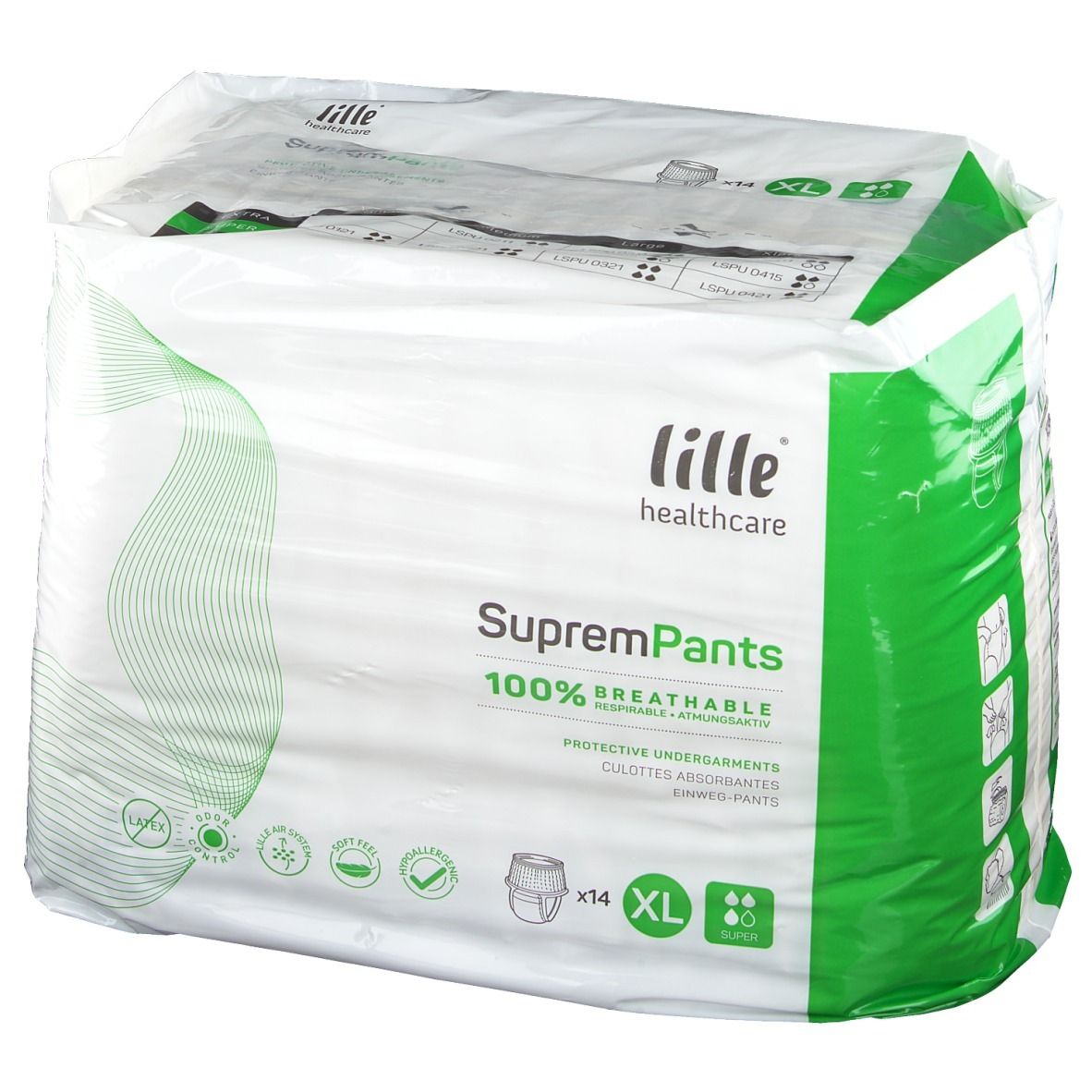 Paquet de SupremPants Super XL. Marque Lille Healthcare. 14 unités. Taille XL. 100% respirant. Sous-vêtements de protection.