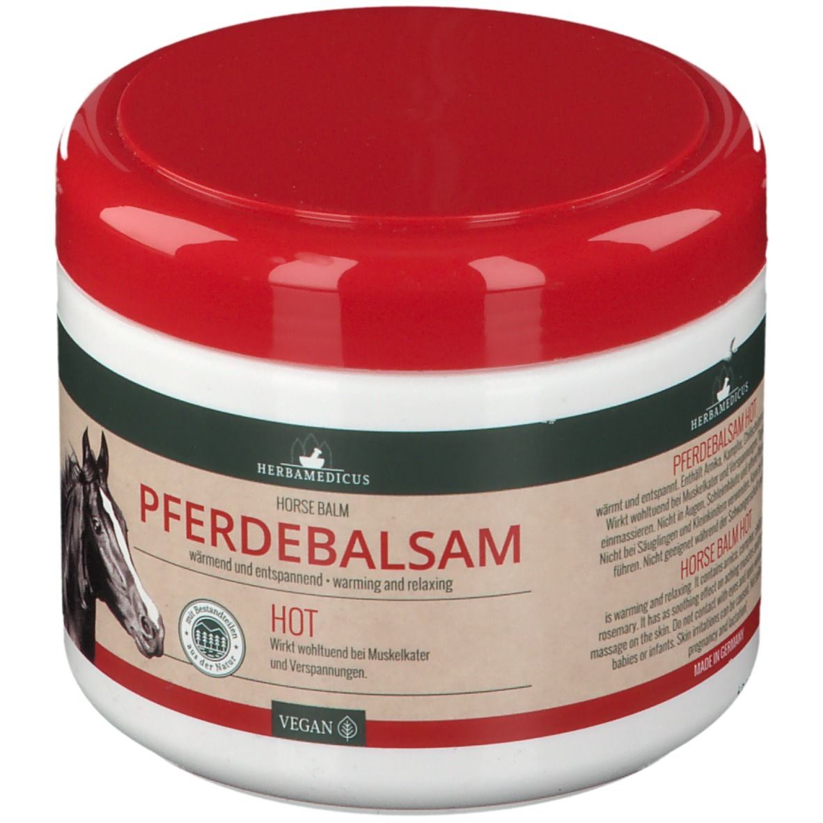 Pot blanc à couvercle rouge. Inscription : PFERDEBALSAM HOT. Logo végan. Image d'une tête de cheval.