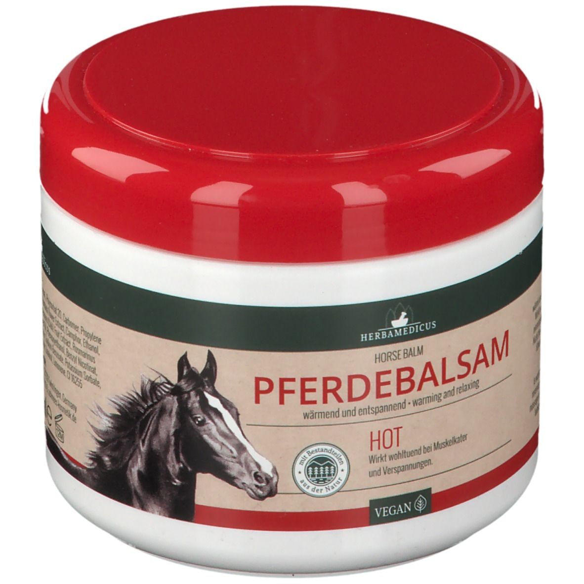 Pot blanc à couvercle rouge. Inscription : PFERDEBALSAM. Image d'une tête de cheval. Logo végan.
