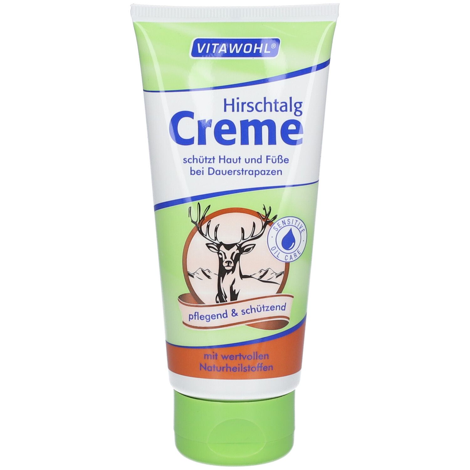 Tube vert de crème VITAWOHL Hirschtalg. Logo de cerf et texte. Protège la peau et les pieds.