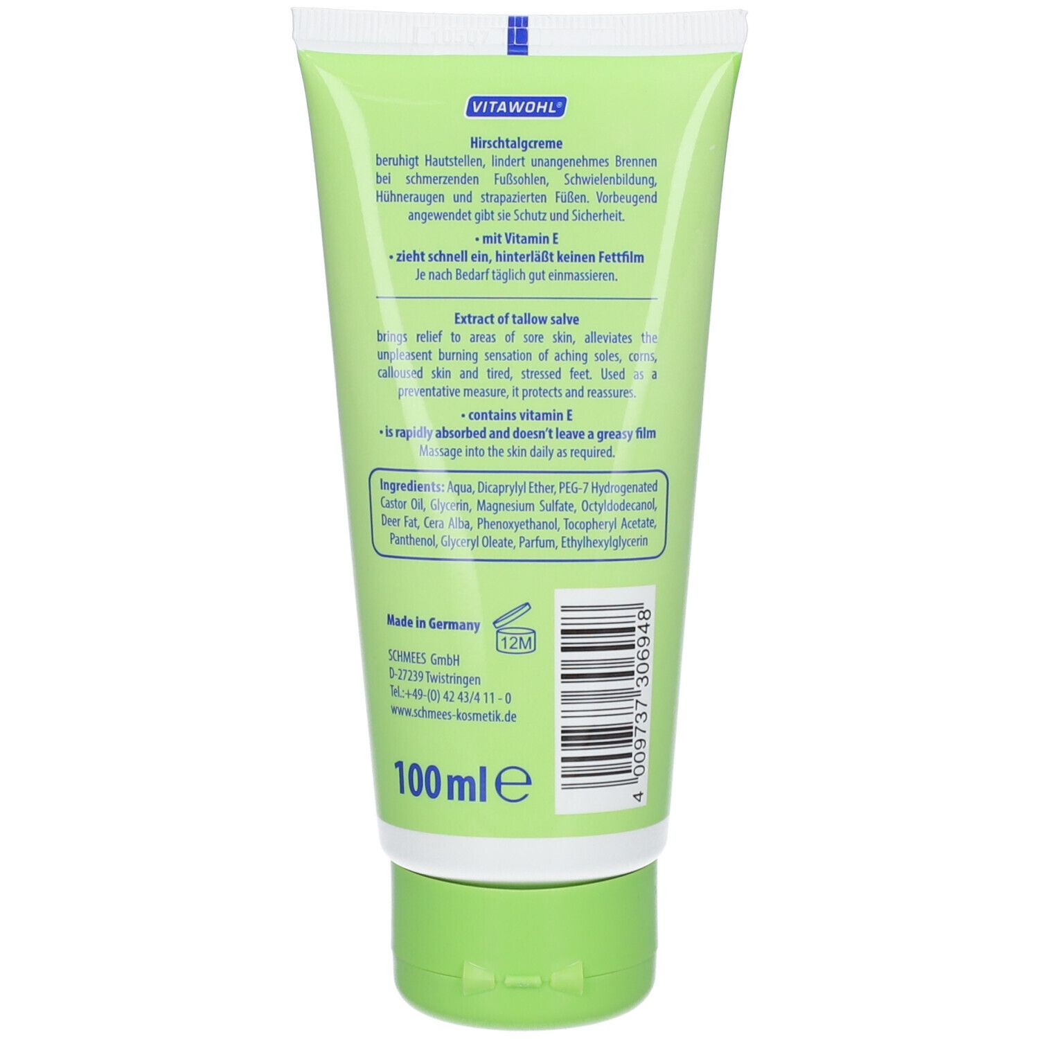 Dos du tube vert. Texte sur ingrédients et utilisation. Contient de la vitamine E. 100 ml.