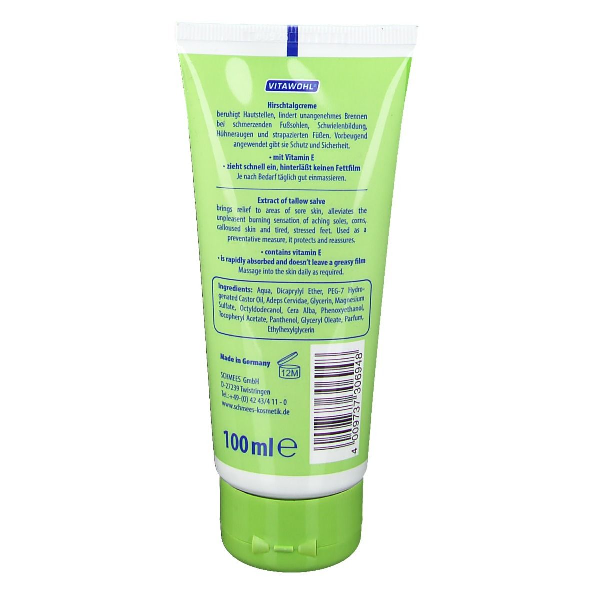 Dos du tube vert. Texte sur ingrédients et utilisation. Contient de la vitamine E. 100 ml.