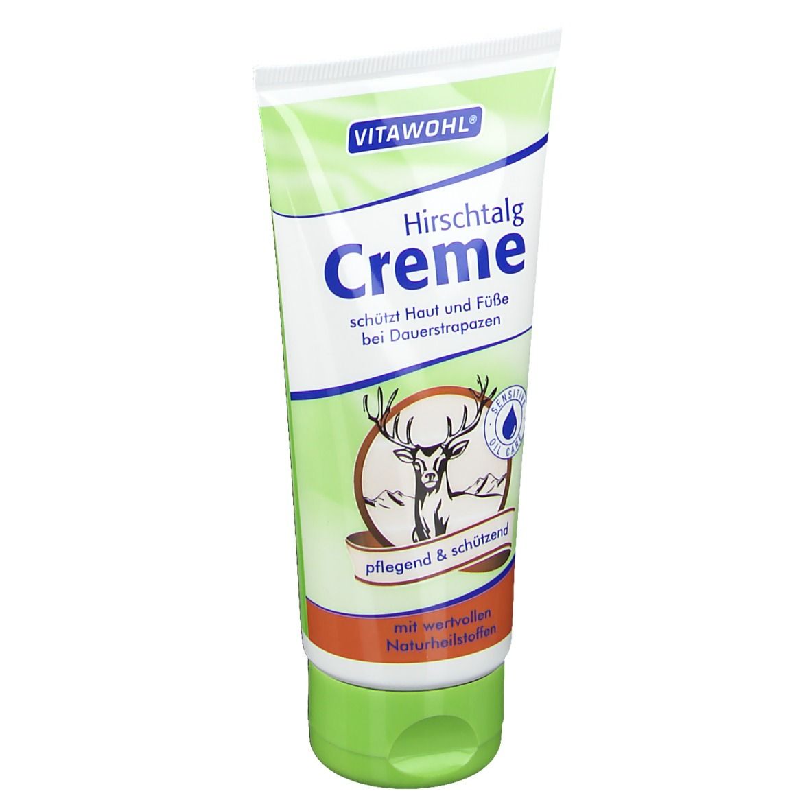 Tube vert de crème VITAWOHL Hirschtalg. Logo de cerf et texte. Protège la peau et les pieds.