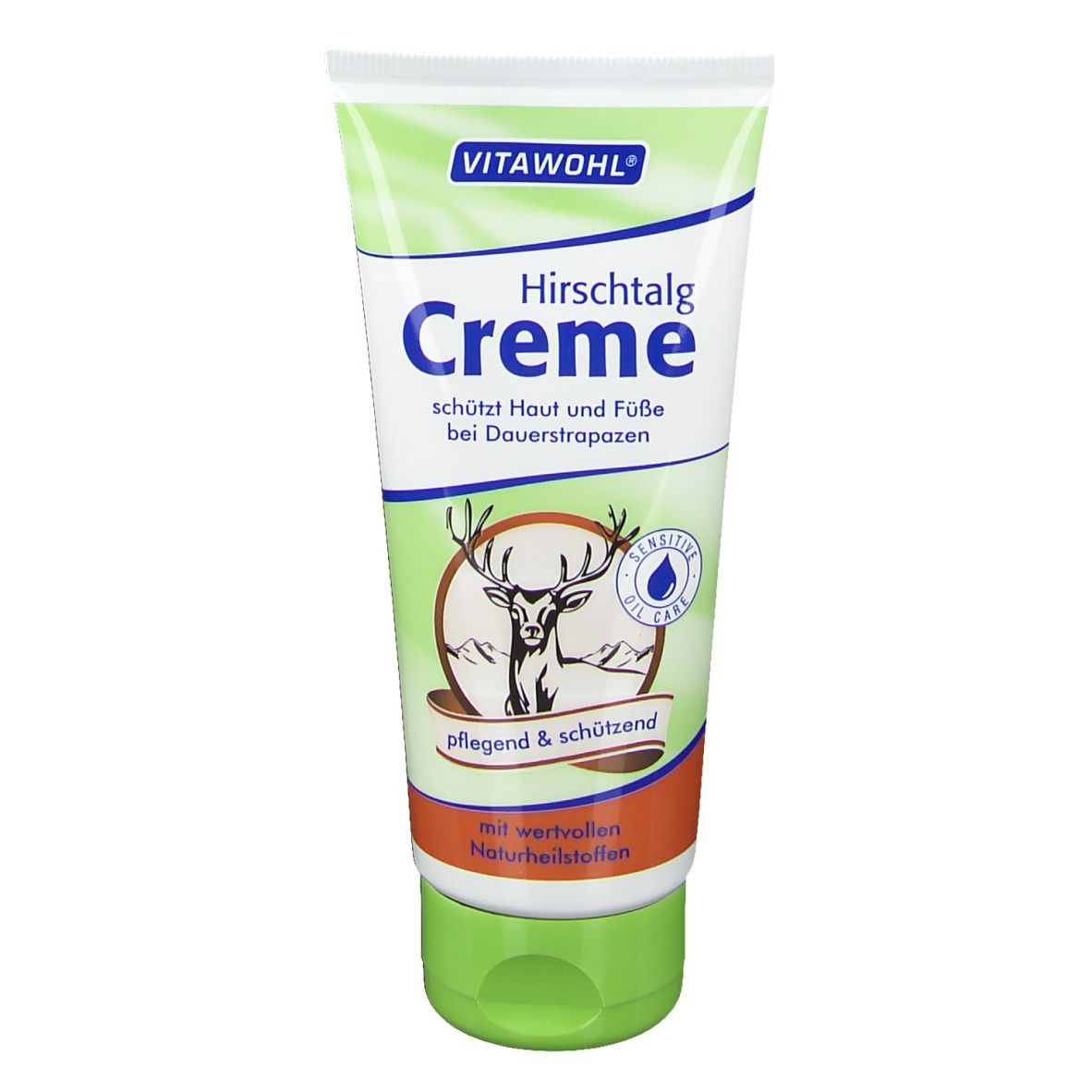 Tube vert de crème VITAWOHL Hirschtalg. Logo de cerf et texte. Protège la peau et les pieds.