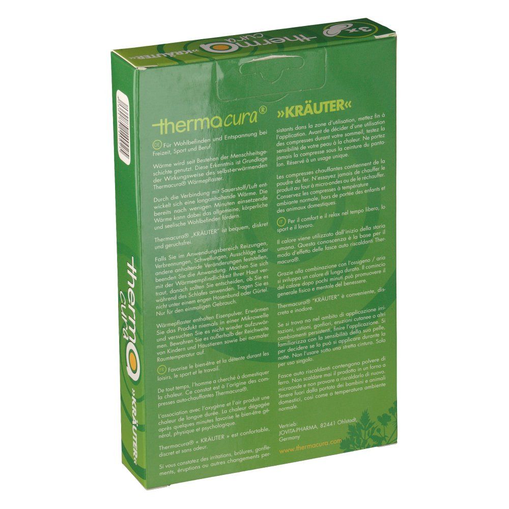 Dos de l'emballage vert Thermacura Kräuter. Texte multilingue.
