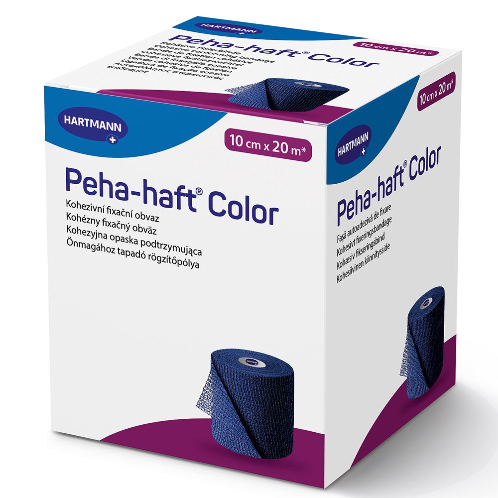 Boîte de bandage de fixation Peha-haft® Color bleu, 10 cm x 20 m. Logo Hartmann. Nom et caractéristiques du produit sur l'emballage.