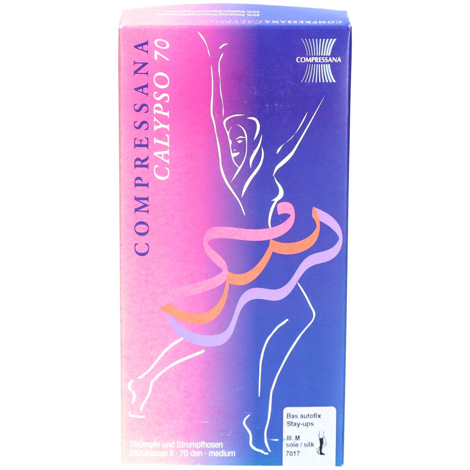 Emballage de bas. Inscription: Compressana Calypso 70. Illustration d'une danseuse. Dégradé de couleurs rose et bleu.