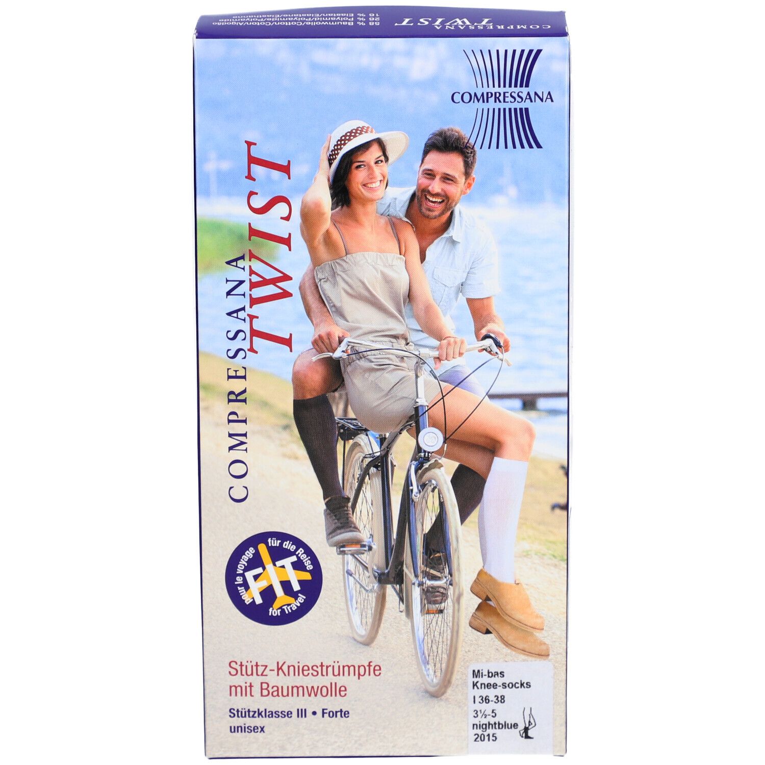 Emballage de COMPRESSANA TWIST. Bas genou avec femme et homme sur vélo. Texte: Stütz-Kniestrümpfe mit Baumwolle, unisex.
