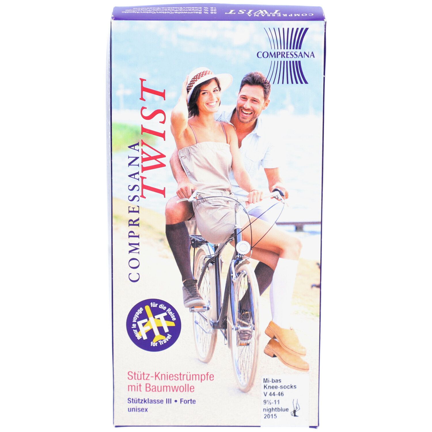 Emballage COMPRESSANA TWIST, bas genou. Femme et homme à vélo. Texte: bas de maintien avec coton, unisexe.