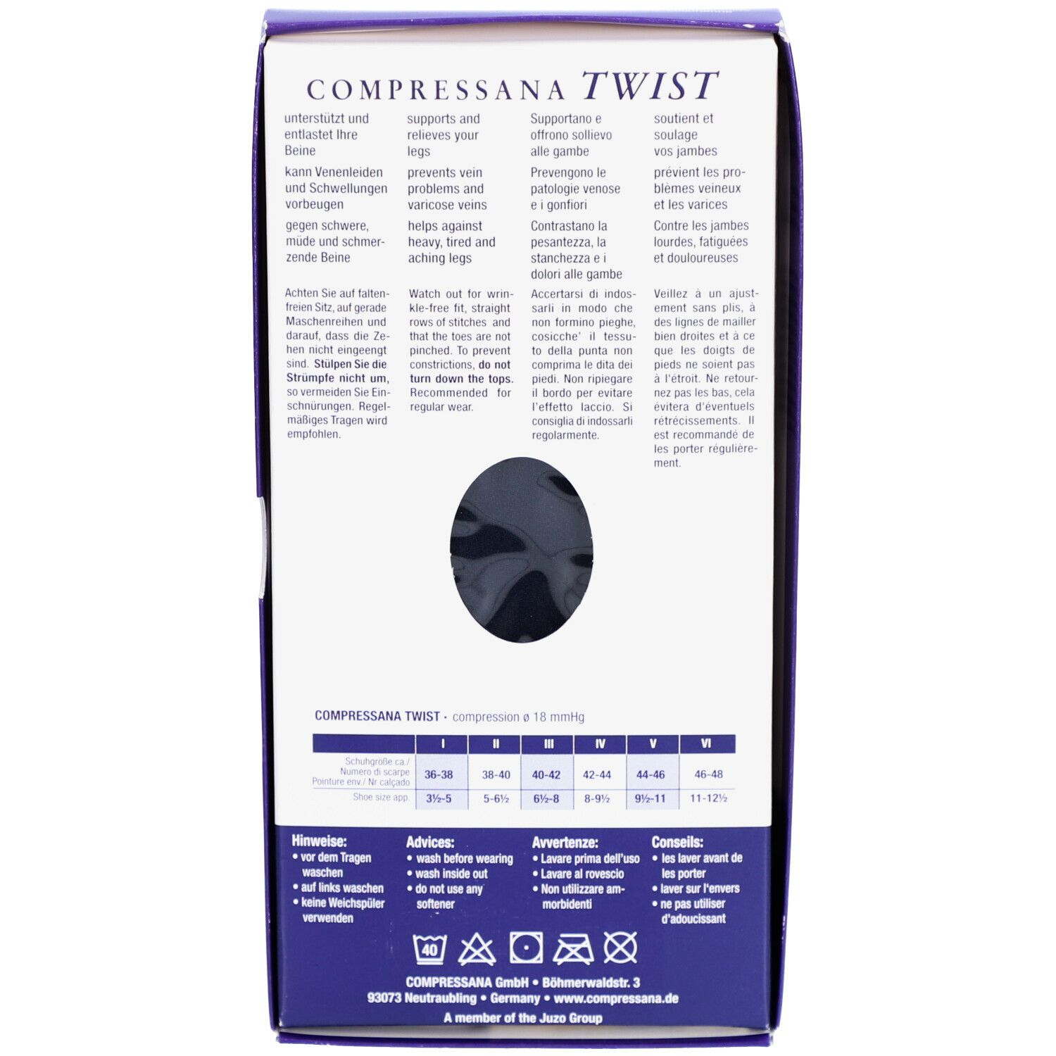 Dos de l'emballage COMPRESSANA TWIST. Texte: soutient les veines, aide les jambes lourdes. Tableau des tailles, symboles de lavage.