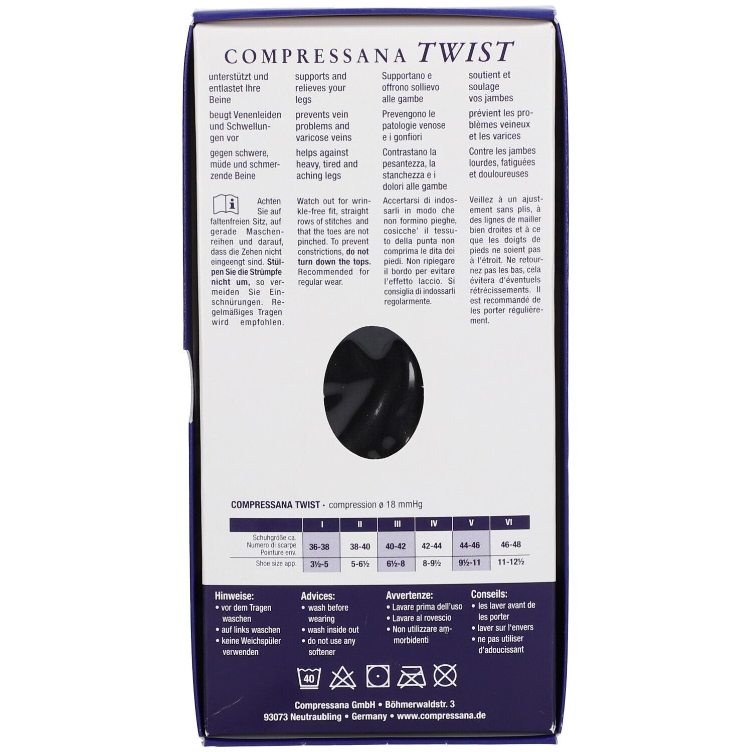 Dos de l'emballage COMPRESSANA TWIST. Bas genou noirs. Texte: Soutient et soulage vos jambes.