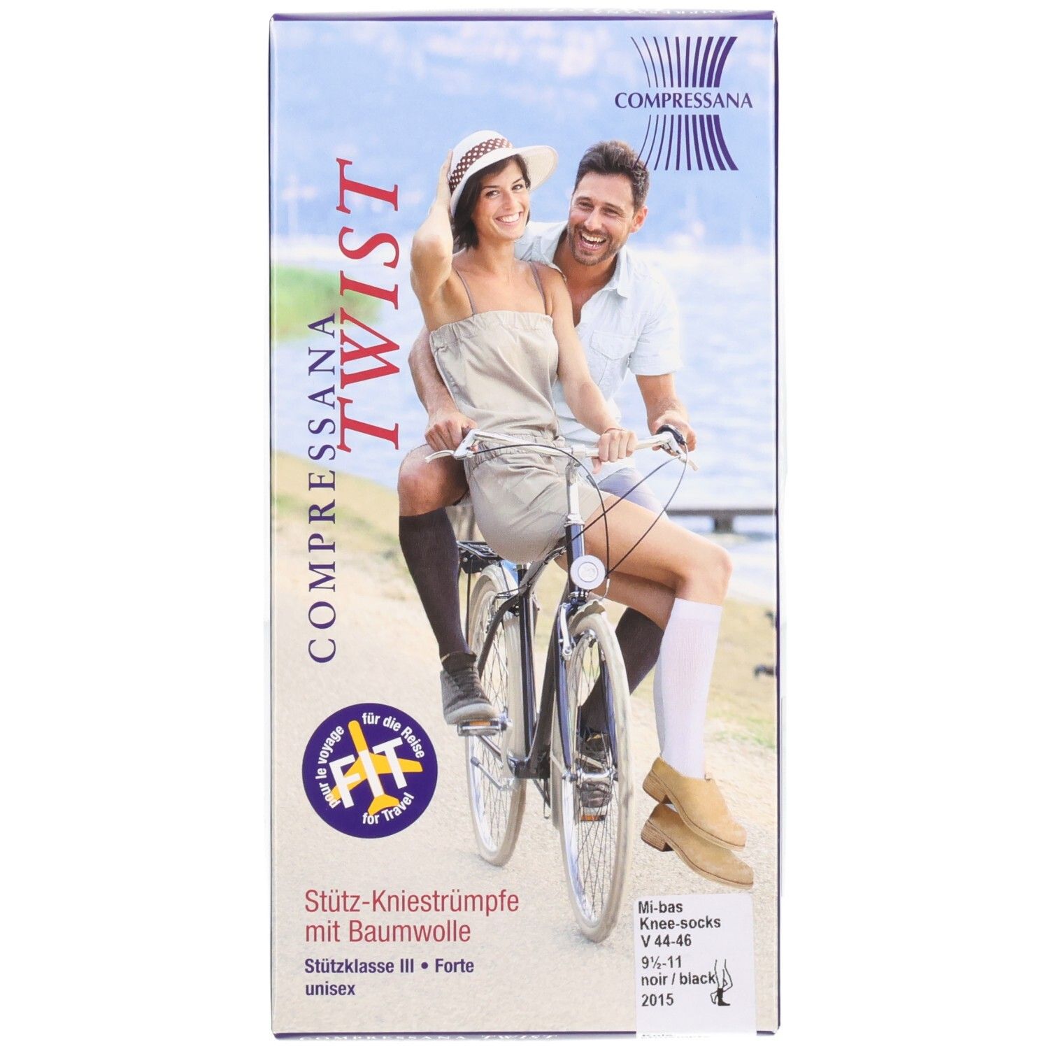 Emballage COMPRESSANA TWIST, bas genou. Femme et homme à vélo. Texte: bas de maintien avec coton.