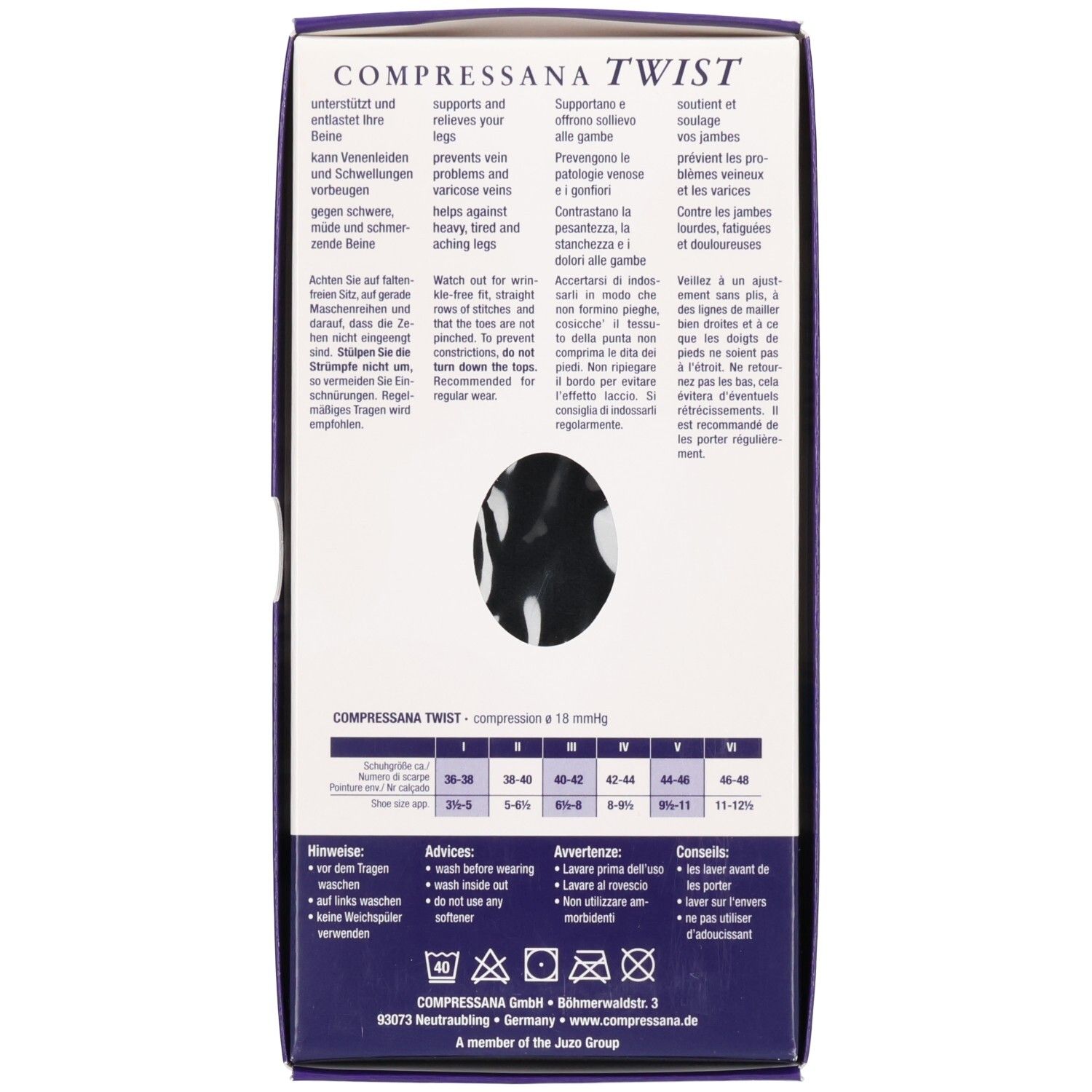 Dos de l'emballage COMPRESSANA TWIST. Texte: soutient et soulage vos jambes. Tableau des tailles et conseils.