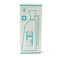 Emballage de flacon de lavage oculaire. Boîte turquoise et blanche avec illustration et symboles.
