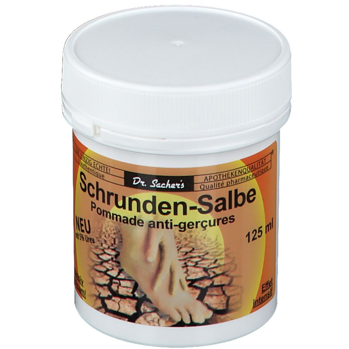Pot blanc avec couvercle à vis. Étiquette avec nom du produit: Schrunden-Salbe. Texte: NEU mit 5% Urea. Image d'un pied.