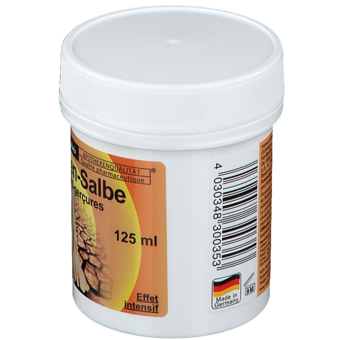 Pot blanc avec couvercle à vis. Étiquette avec nom du produit: Schrunden-Salbe. Code-barres et texte: 125 ml. Fabriqué en Allemagne.