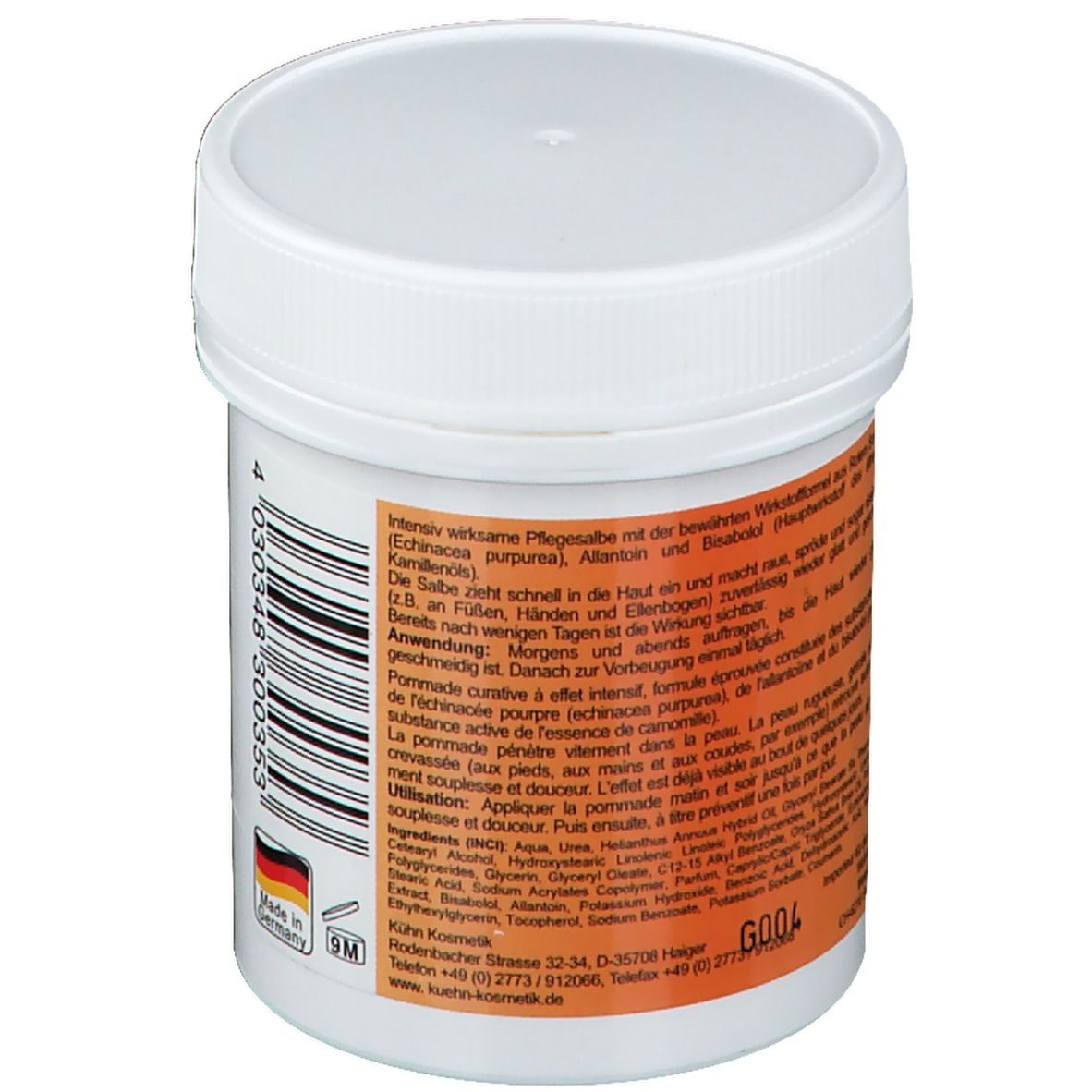 Pot blanc avec couvercle à vis. Étiquette avec informations sur le produit. Texte: Crème de soin intensive. Fabriqué en Allemagne. Symbole 9M.