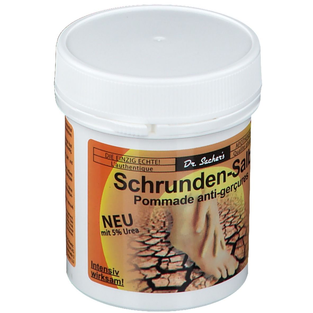 Pot blanc avec couvercle à vis. Étiquette avec nom du produit: Schrunden-Salbe. Texte: NEU mit 5% Urea. Efficace intensivement!