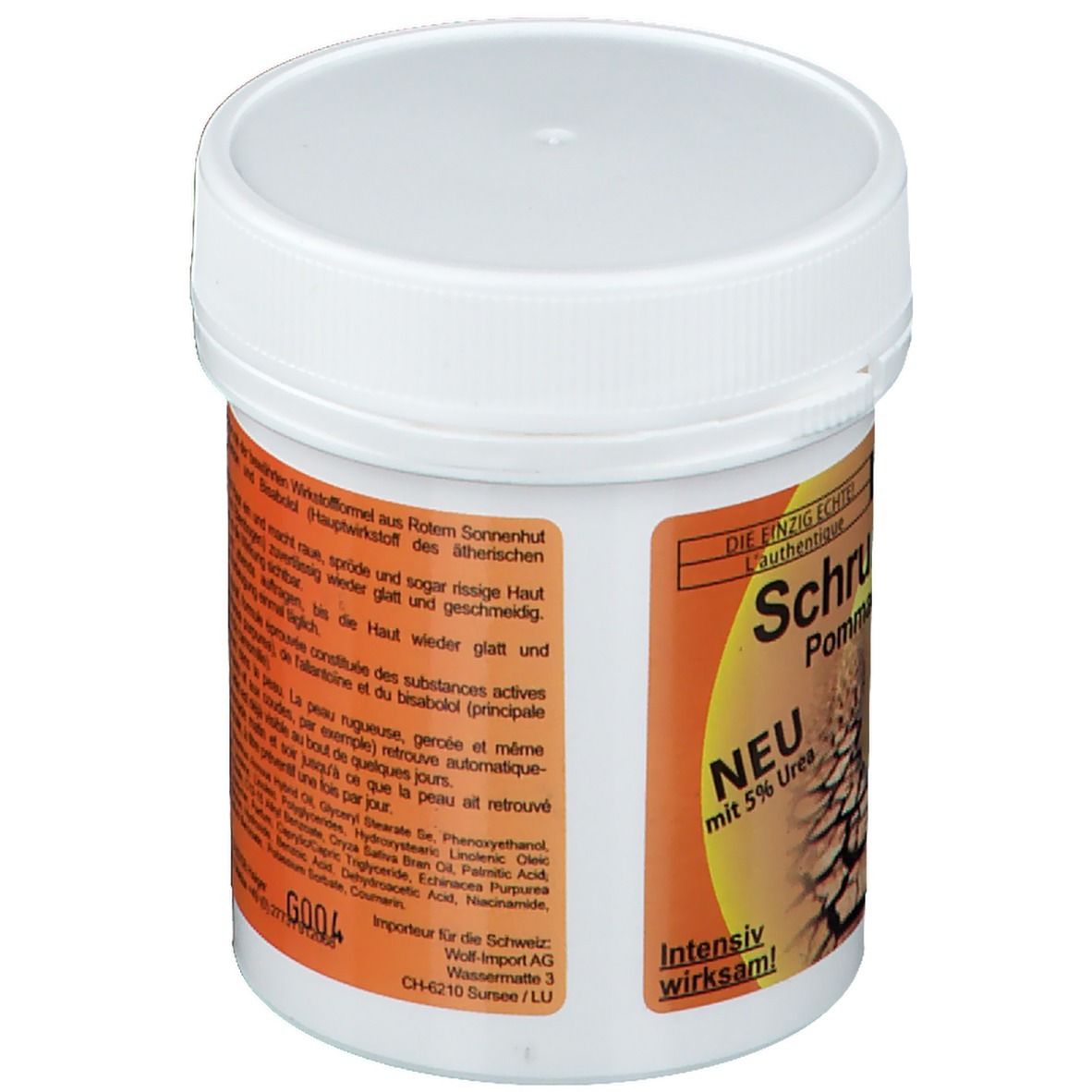 Pot blanc avec couvercle à vis. Étiquette avec informations sur le produit. Texte: NEU mit 5% Urea. Importateur pour la Suisse.