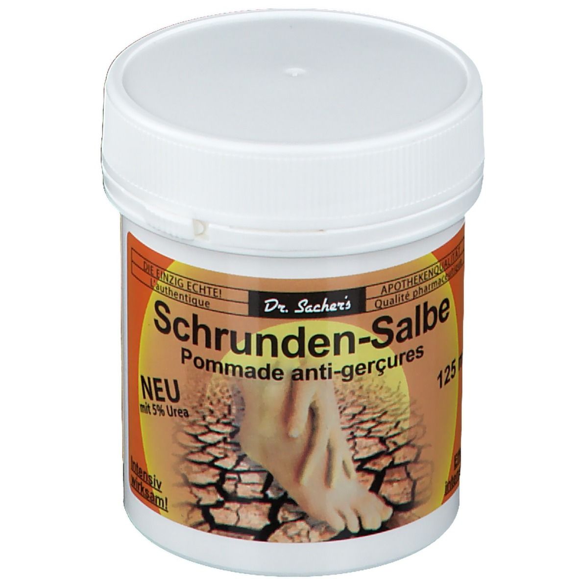 Pot blanc avec couvercle à vis. Étiquette avec nom du produit: Schrunden-Salbe. Image d'un pied. Texte: NEU mit 5% Urea.