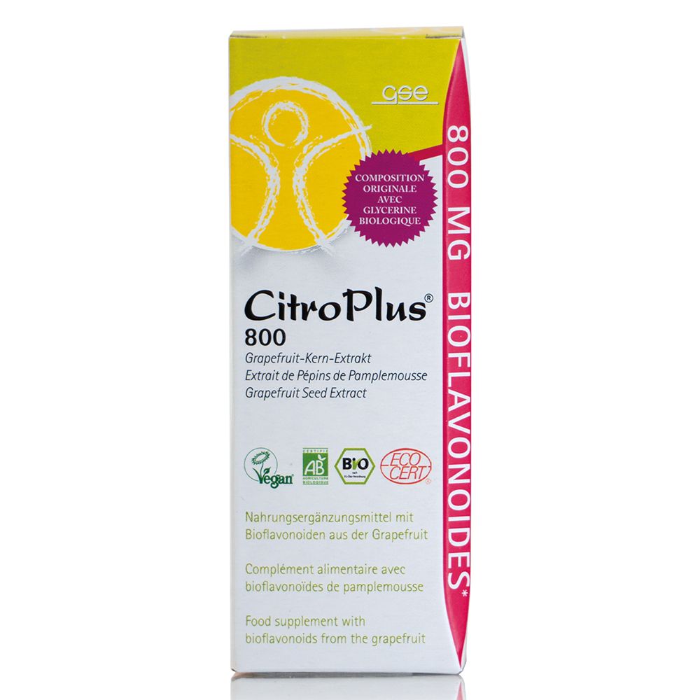 Boîte de CitroPlus 800. Complément alimentaire aux bioflavonoïdes. Certifié vegan et bio. Texte : 800 mg de bioflavonoïdes.