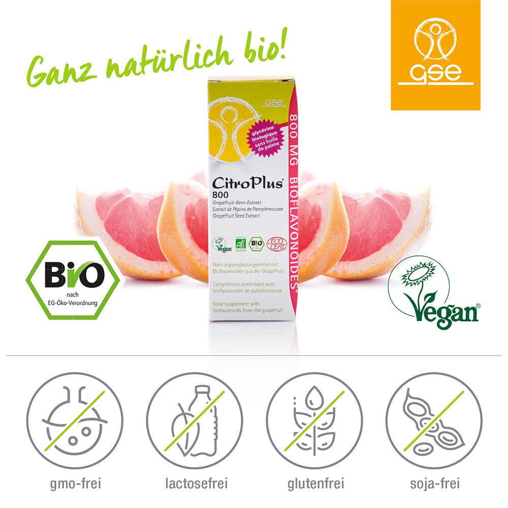 Image publicitaire avec boîte CitroPlus 800, moitiés de pamplemousse et logos. Vegan, bio, sans OGM, lactose, gluten, soja.
