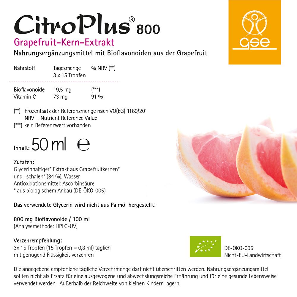 Flacon de CitroPlus 800 de 50 ml. Texte : Extrait de pépins de pamplemousse. Informations nutritionnelles. Certification bio. Ingrédients.