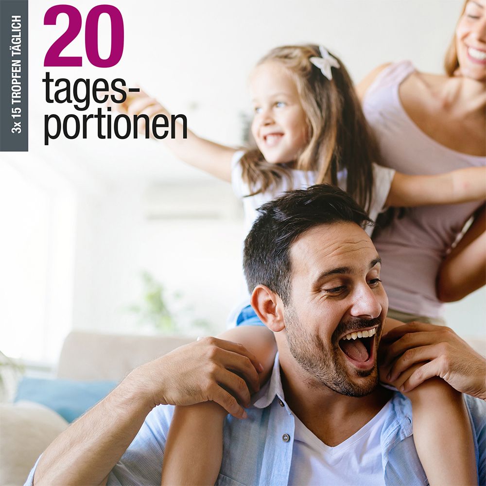 Famille avec enfant. Texte : 20 portions journalières. Homme portant enfant sur les épaules. Visages souriants.