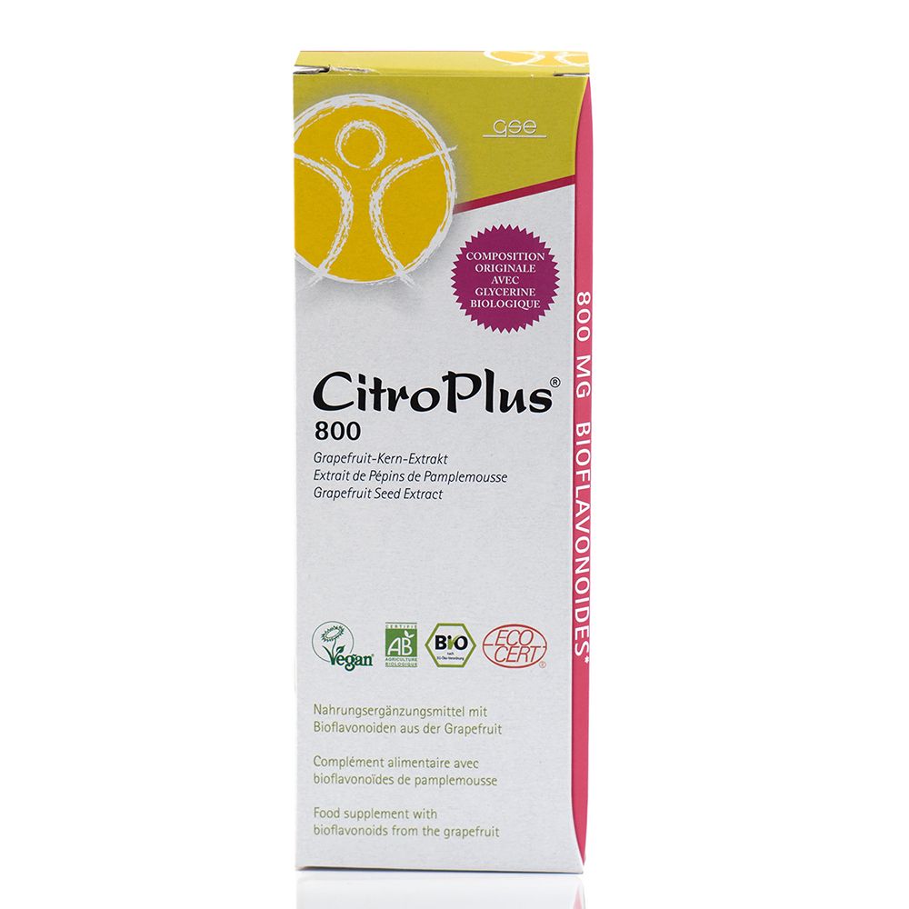 Boîte de CitroPlus 800. Certifié bio, label Vegan. Texte : Extrait de pépins de pamplemousse, 800 mg de bioflavonoïdes.