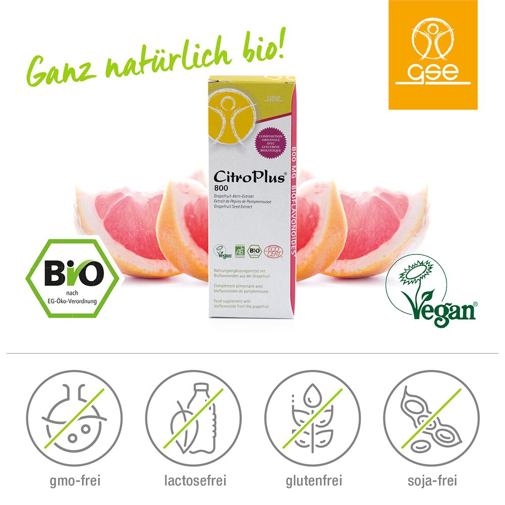Publicité pour CitroPlus 800. Labels bio et Vegan, sans OGM, lactose, gluten, soja. Moitiés de pamplemousse.