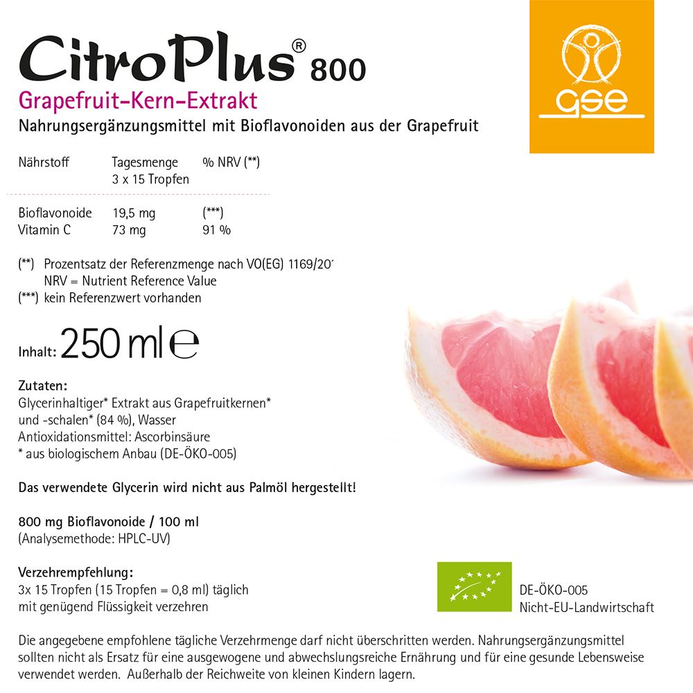 Étiquette CitroPlus 800. Texte : Extrait de pépins de pamplemousse, 250 ml. Ingrédients, informations nutritionnelles, conseils d'utilisation, label bio.