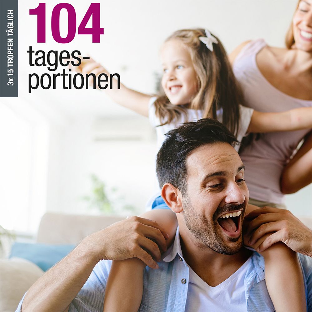 Famille avec enfant. Texte : 104 portions quotidiennes. Homme portant un enfant sur les épaules. Visages heureux.