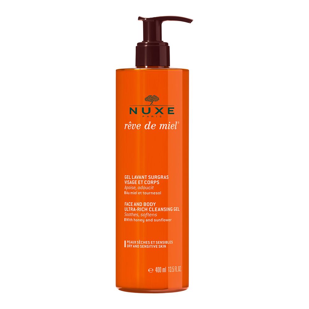 Flacon orange avec pompe. Inscription : NUXE Rêve de Miel. Gel visage et corps. 400 ml.