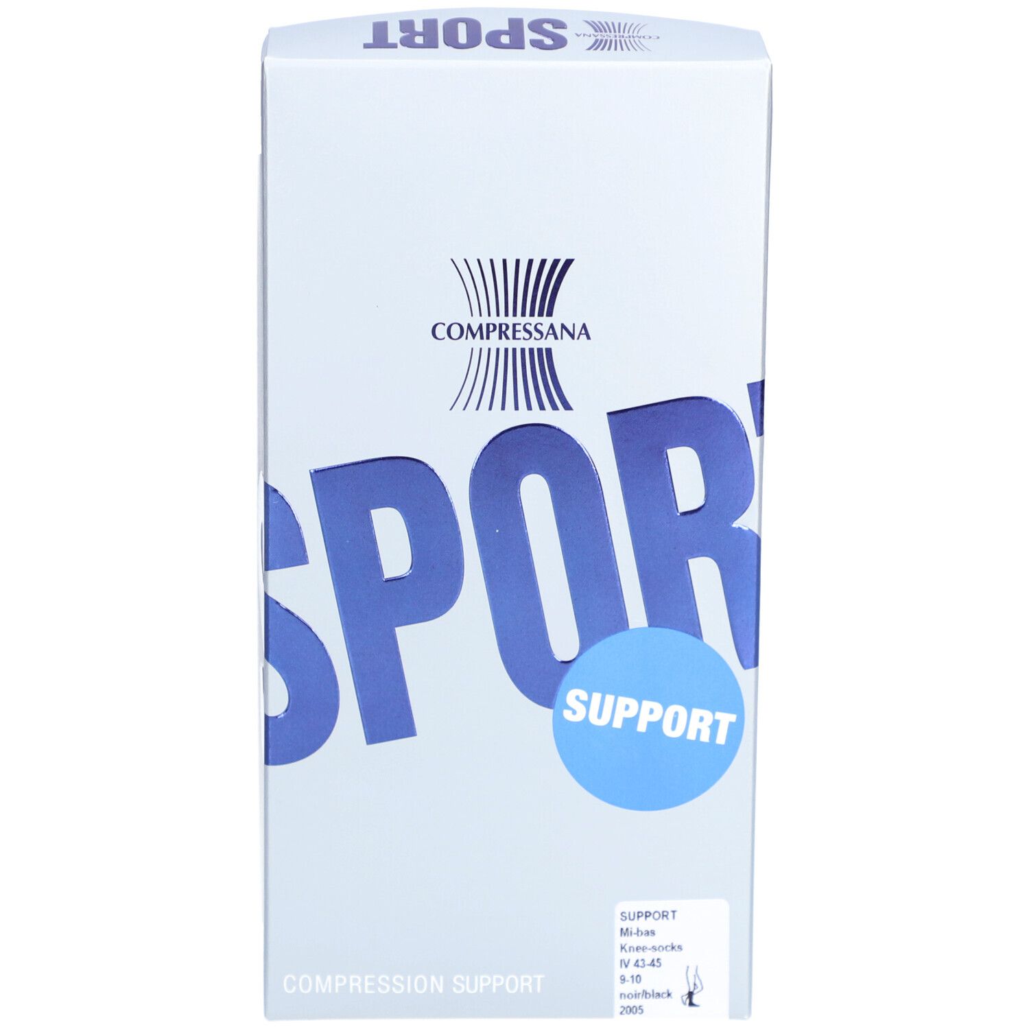 Emballage COMPRESSANA Power Socks SPORT. Blanc avec texte bleu. Logo et nom du produit. Texte: SUPPORT, bas de compression.