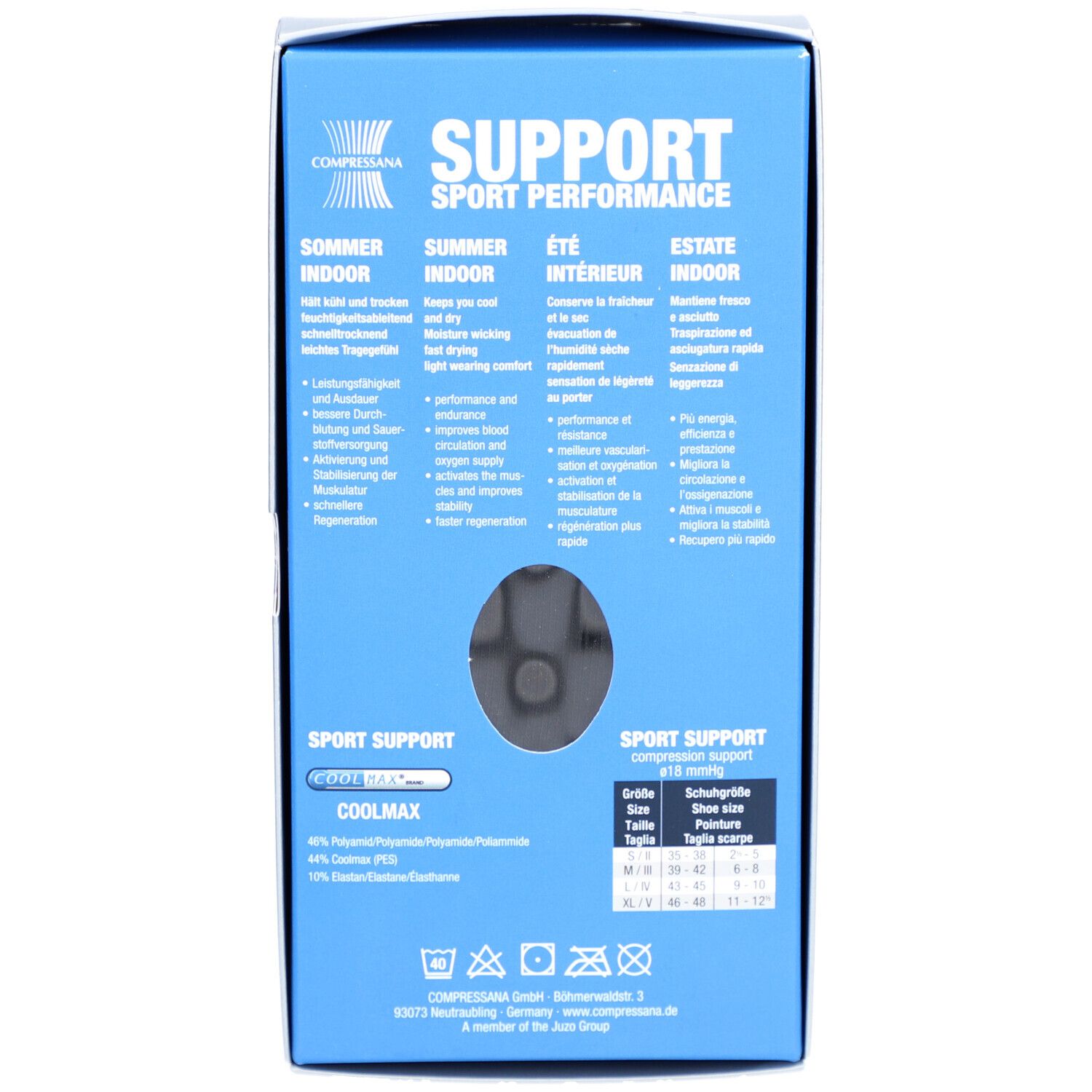 Dos de l'emballage COMPRESSANA Power Socks SPORT. Texte en allemand, français, italien. Fenêtre avec chaussettes. Informations de taille.