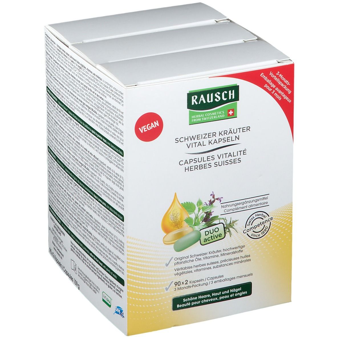 Boîte de capsules. Texte: Schweizer Kräuter Vitalkapseln. Vegan. Duo active. 90x2 capsules. Emballage 3 mois.