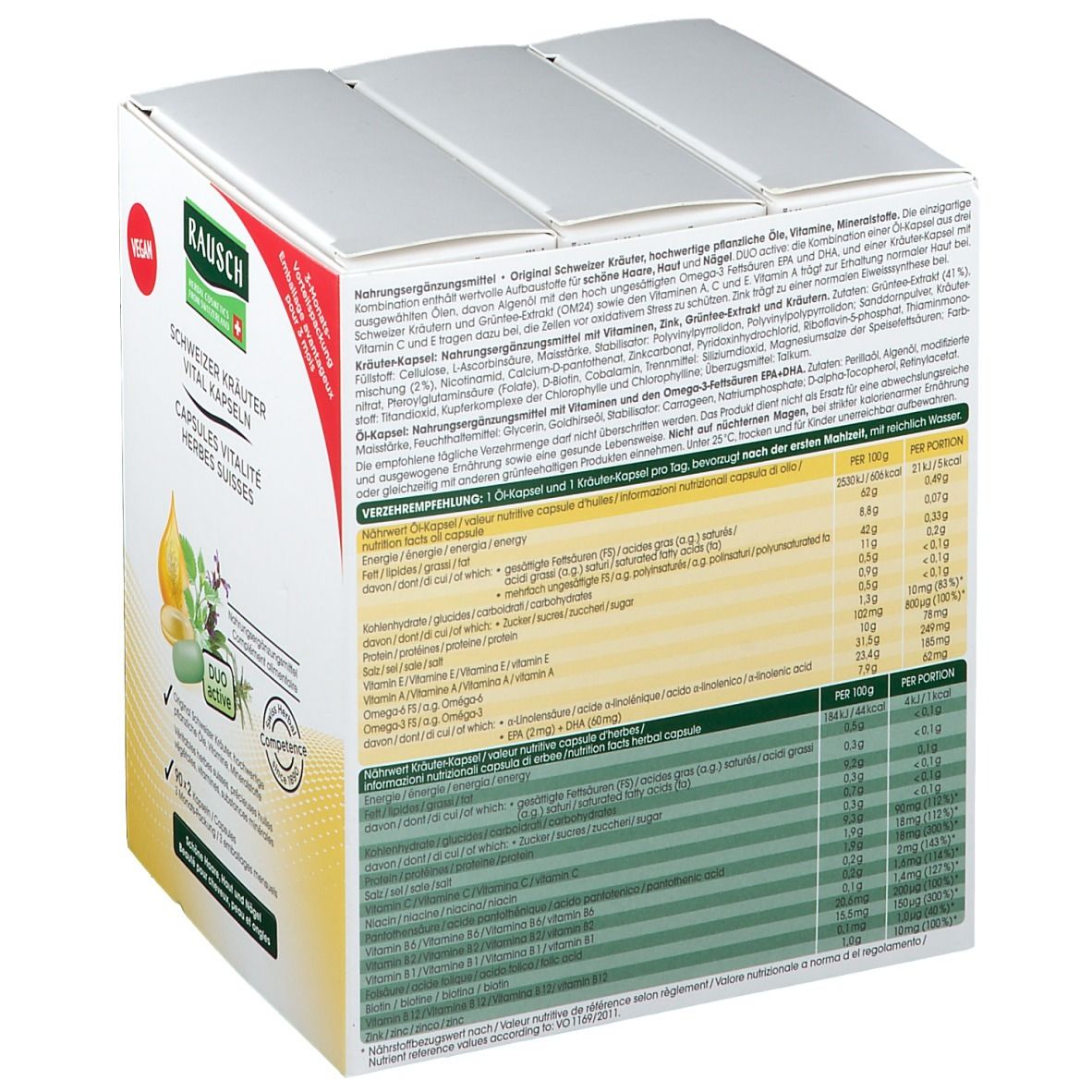 Dos de la boîte de capsules. Texte: Schweizer Kräuter Vitalkapseln. Informations nutritionnelles. Ingrédients. Vegan.
