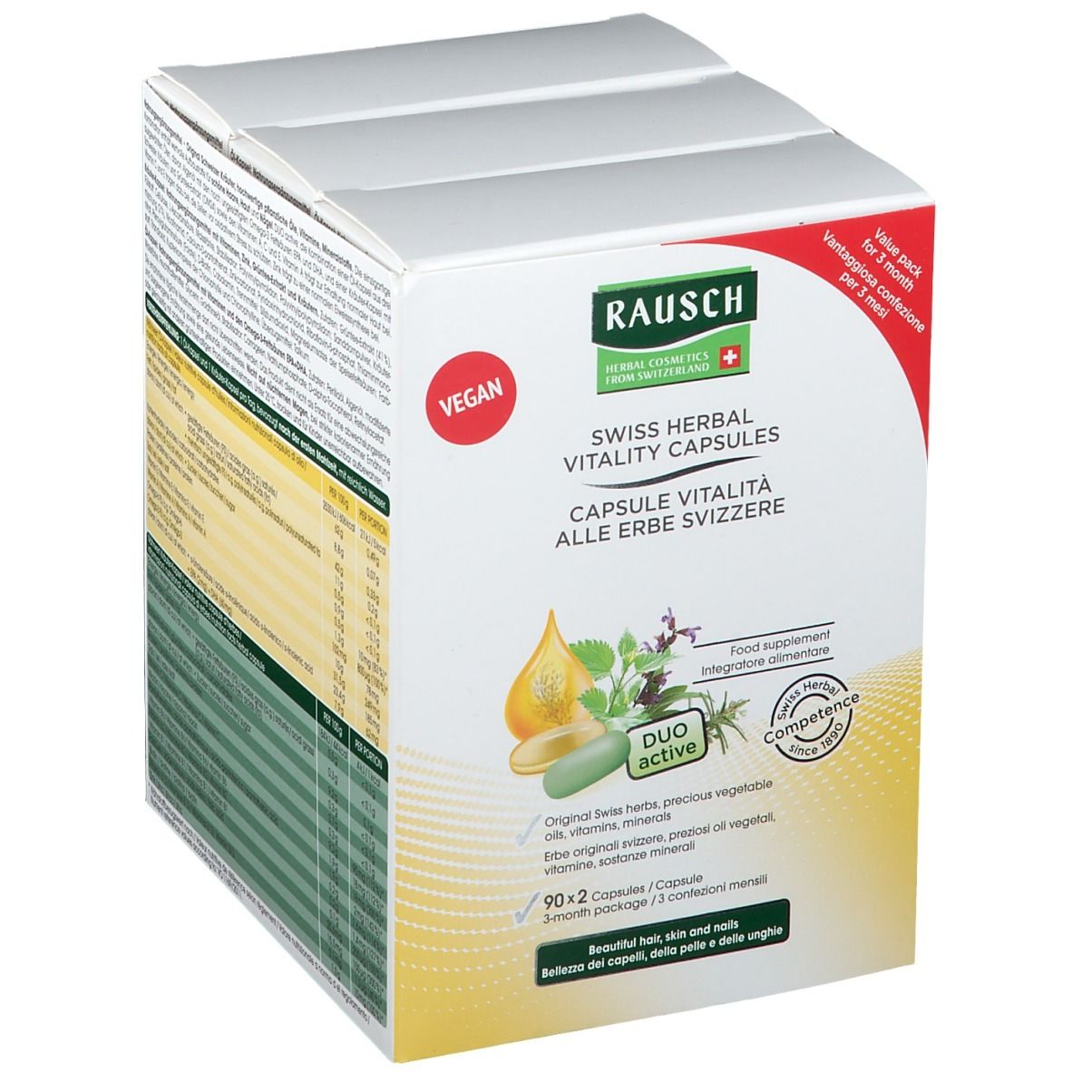 Boîte de capsules. Texte: Swiss Herbal Vitality Capsules. Vegan. Duo active. 90x2 capsules. Emballage 3 mois.