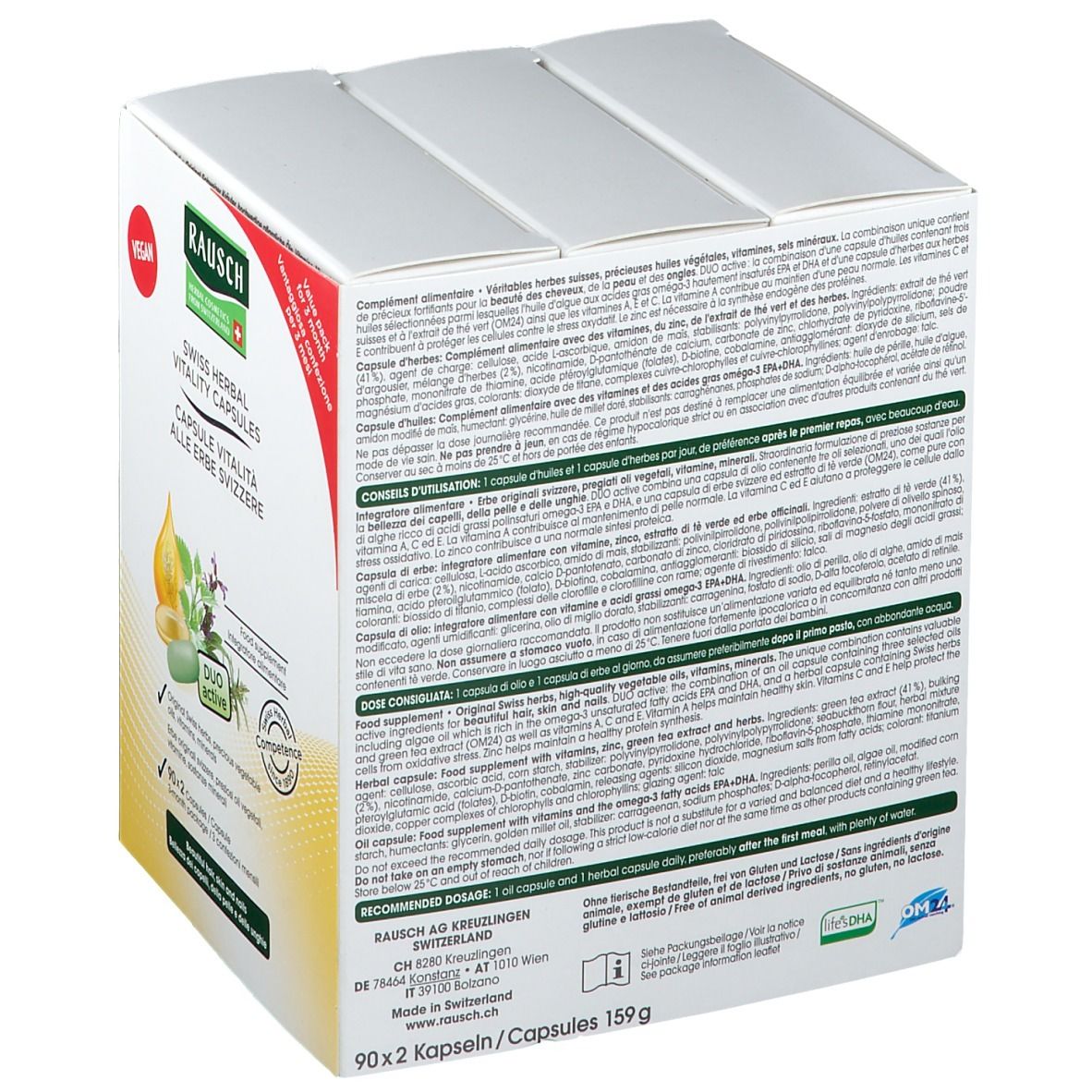 Dos de la boîte de capsules. Texte: Swiss Herbal Vitality Capsules. Vegan. Ingrédients. Dosage. Swiss Herbal.