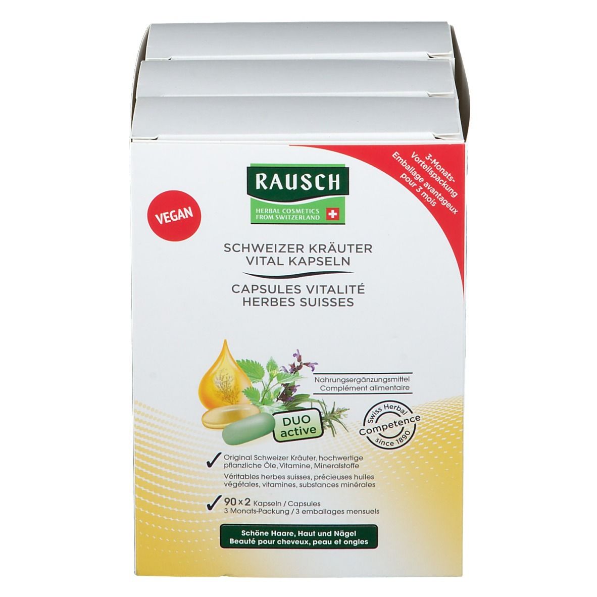 Boîte de capsules. Texte: Schweizer Kräuter Vitalkapseln. Vegan. Duo active. 90x2 capsules. Emballage 3 mois.