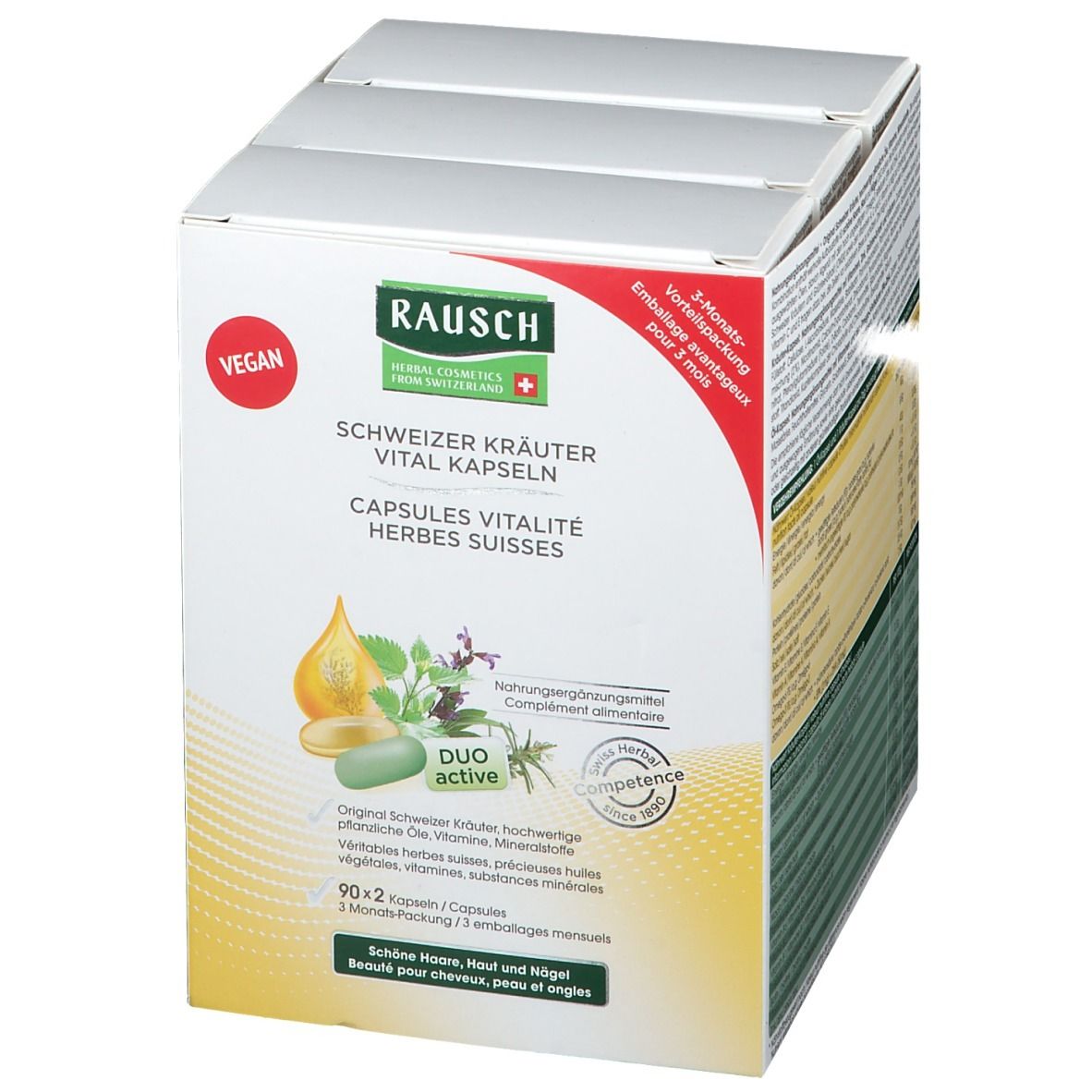 Boîte de capsules. Texte: Schweizer Kräuter Vitalkapseln. Vegan. Duo active. 90x2 capsules. Emballage 3 mois.