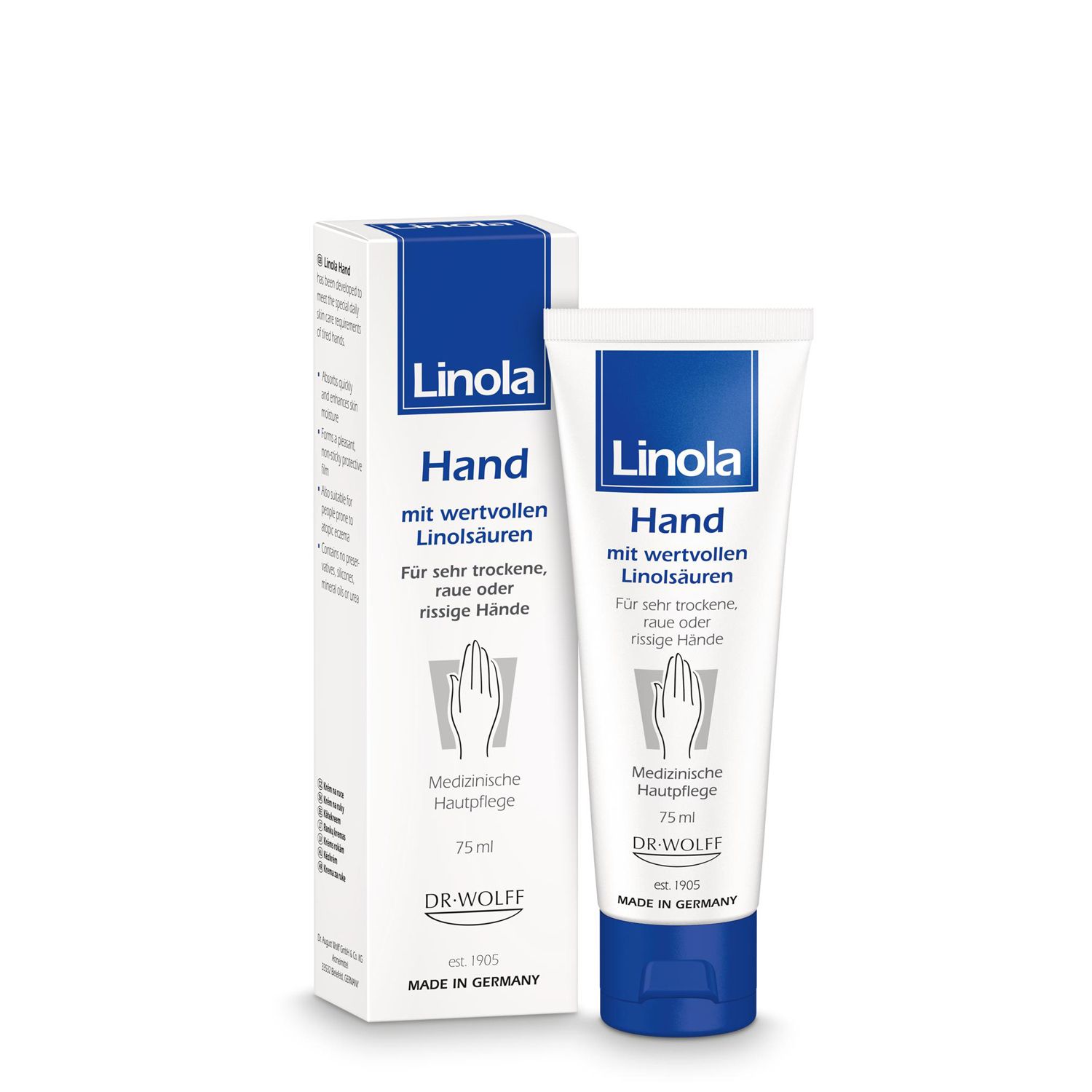 Linola Hand crème pour les mains et emballage. Blanc, bleu. Texte : Hand, acides linoléiques, pour mains sèches et rugueuses. 75 ml.