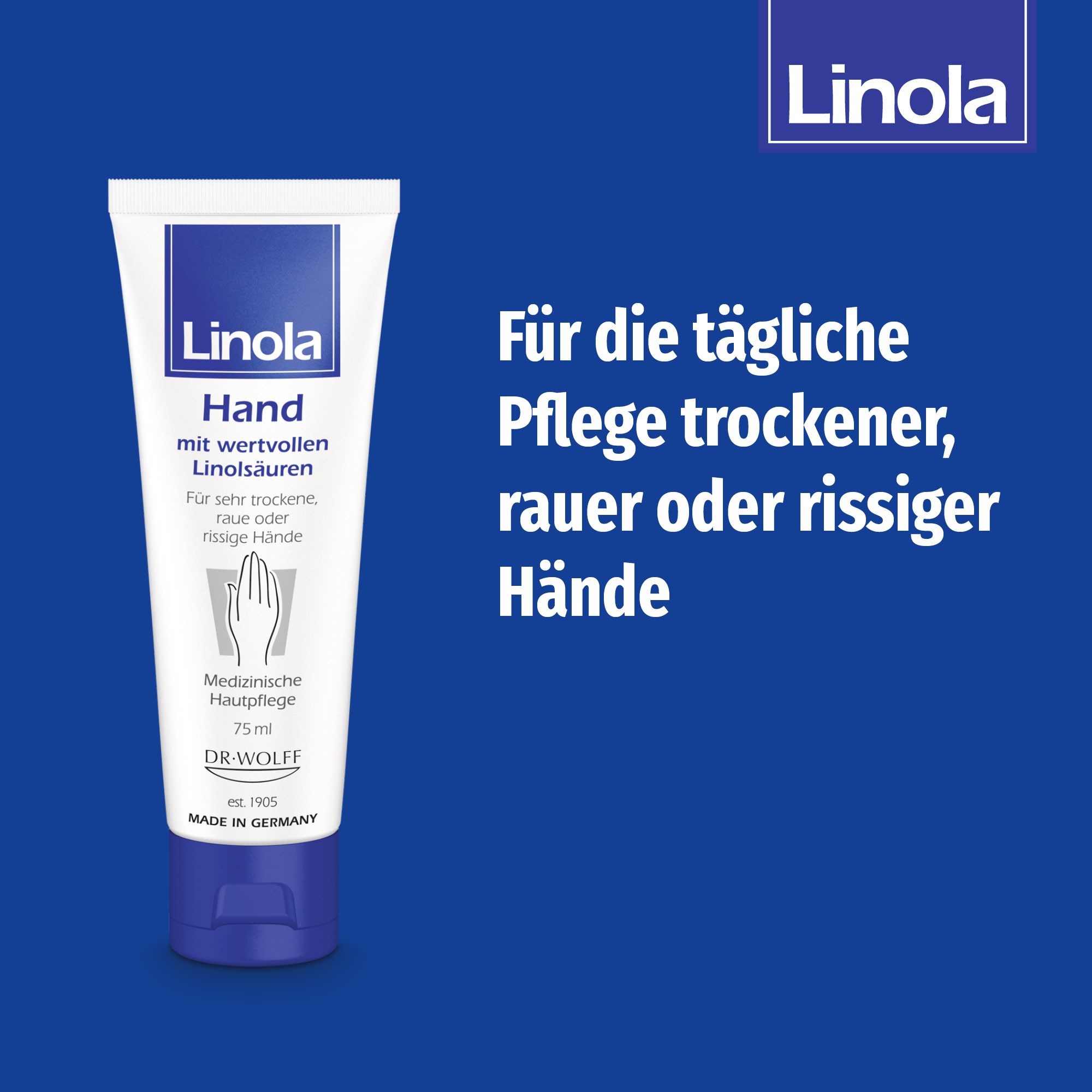 Linola Hand crème pour les mains. Blanc, bleu. Texte : Hand, acides linoléiques, pour mains sèches, rugueuses ou gercées. Sur fond bleu.