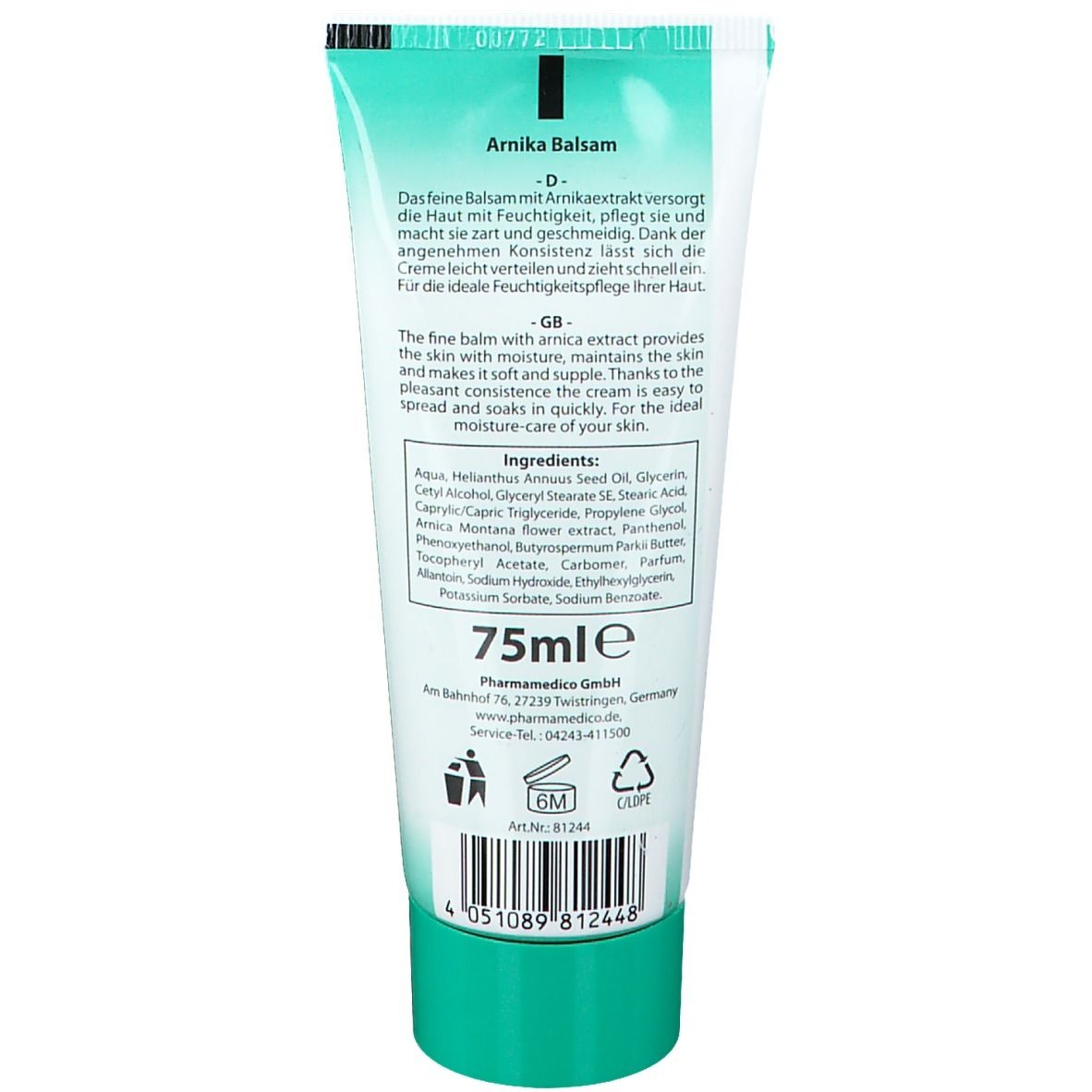 Dos du tube "Arnika Balsam". Texte : ingrédients, 75ml, informations fabricant. Symbole de recyclage et symbole 6M.