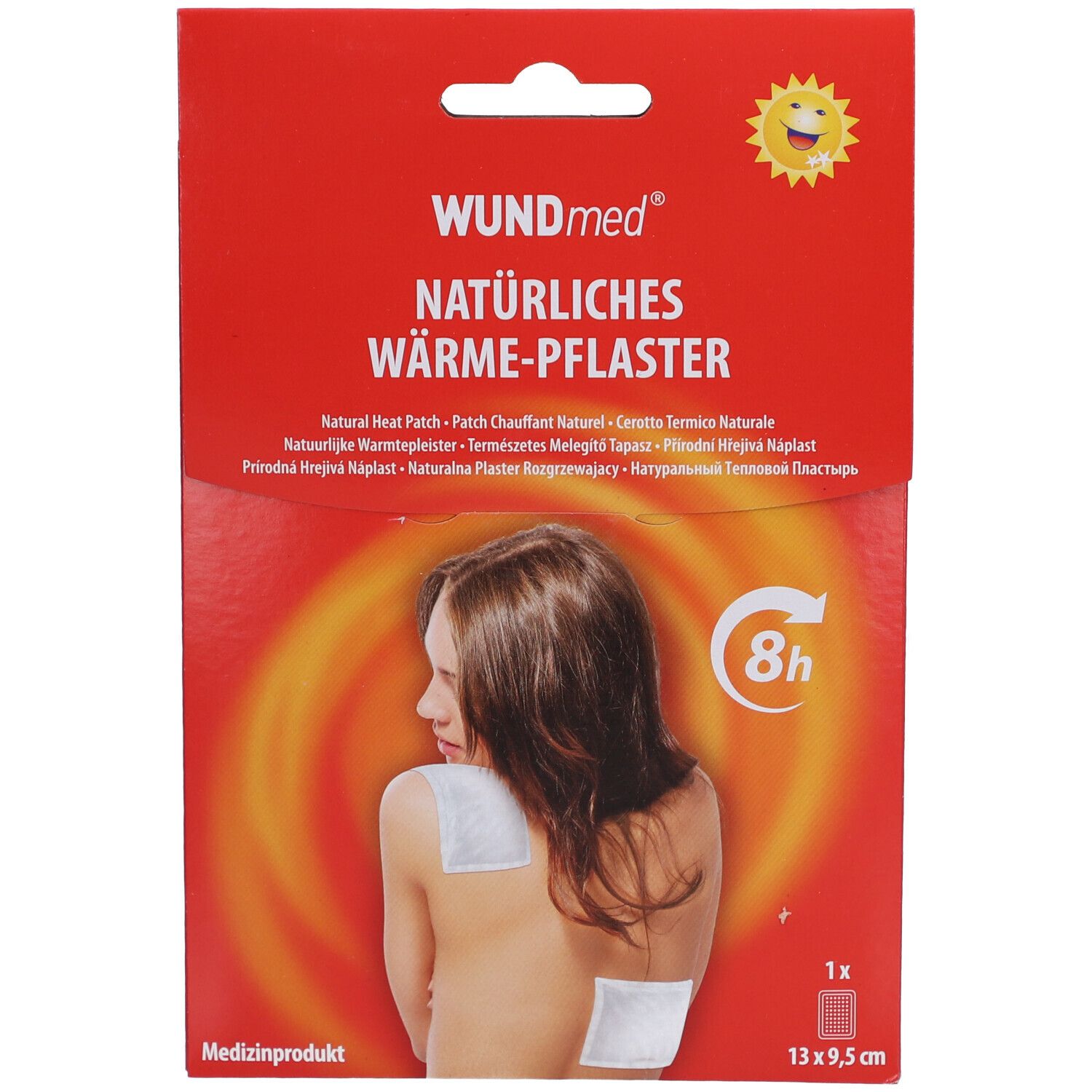 Paquet de patch chauffant WUNDmed. Emballage rouge avec image du produit et symbole 8h. 13 x 9,5 cm.