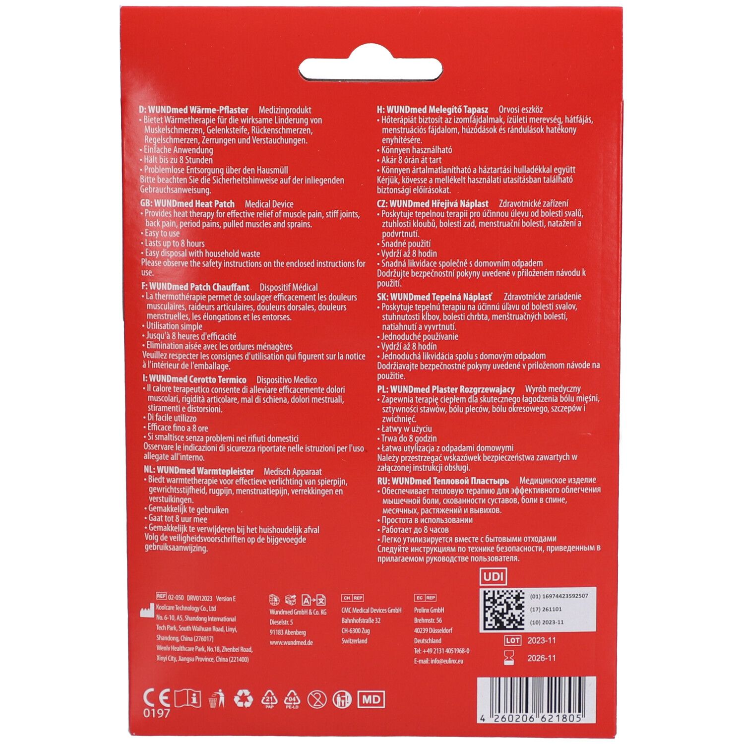 Dos du paquet de patch chauffant WUNDmed. Fond rouge avec texte multilingue et marquage CE.
