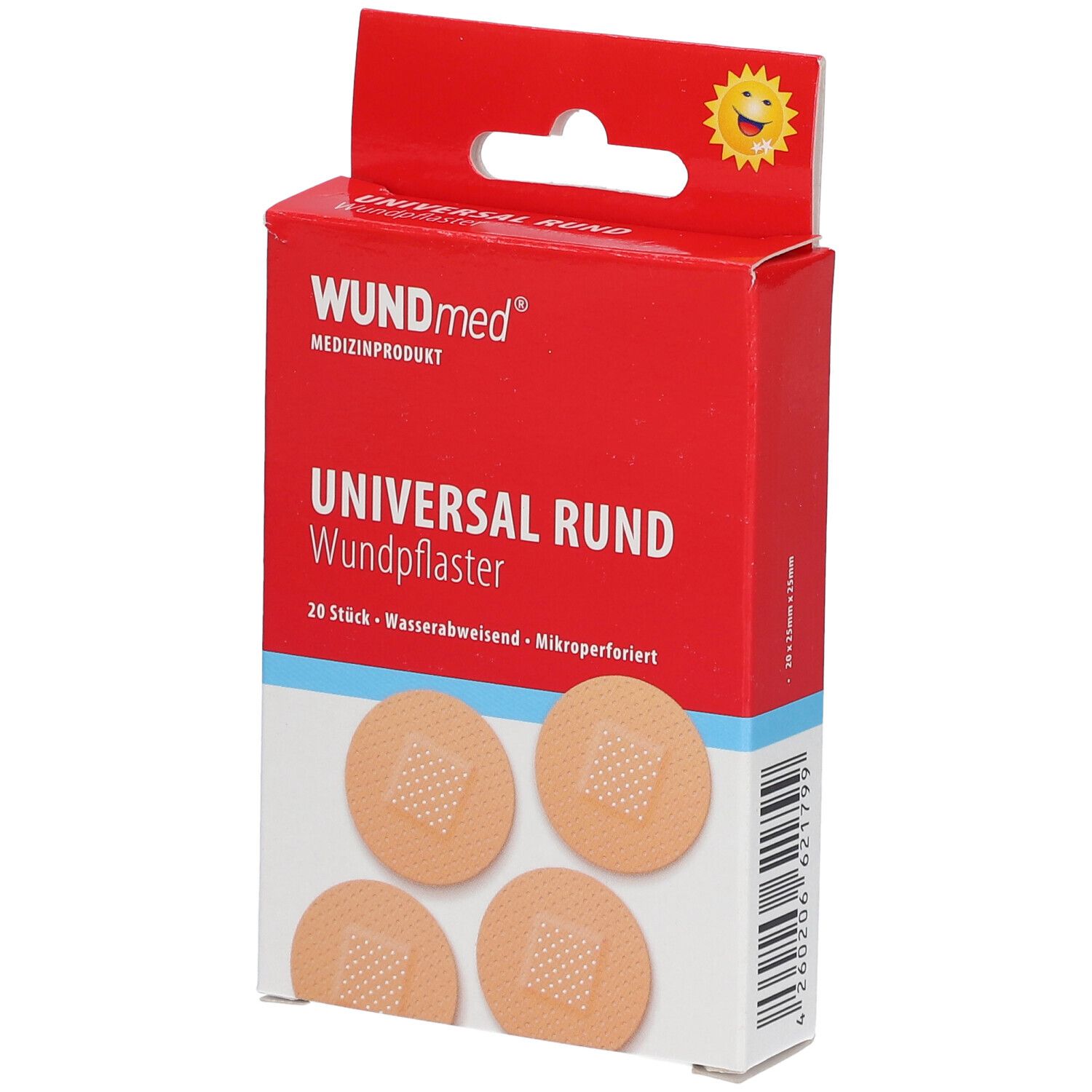 Boîte de pansements ronds. Inscription : WUNDmed, Universal Rund Wundpflaster, 20 pièces, résistant à l'eau, micro-perforé.