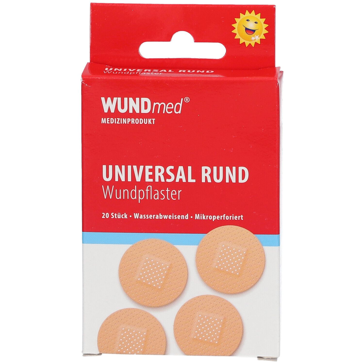 Boîte de pansements ronds. Inscription : WUNDmed, Universal Rund Wundpflaster, 20 pièces, résistant à l'eau, micro-perforé. 4 pansements.